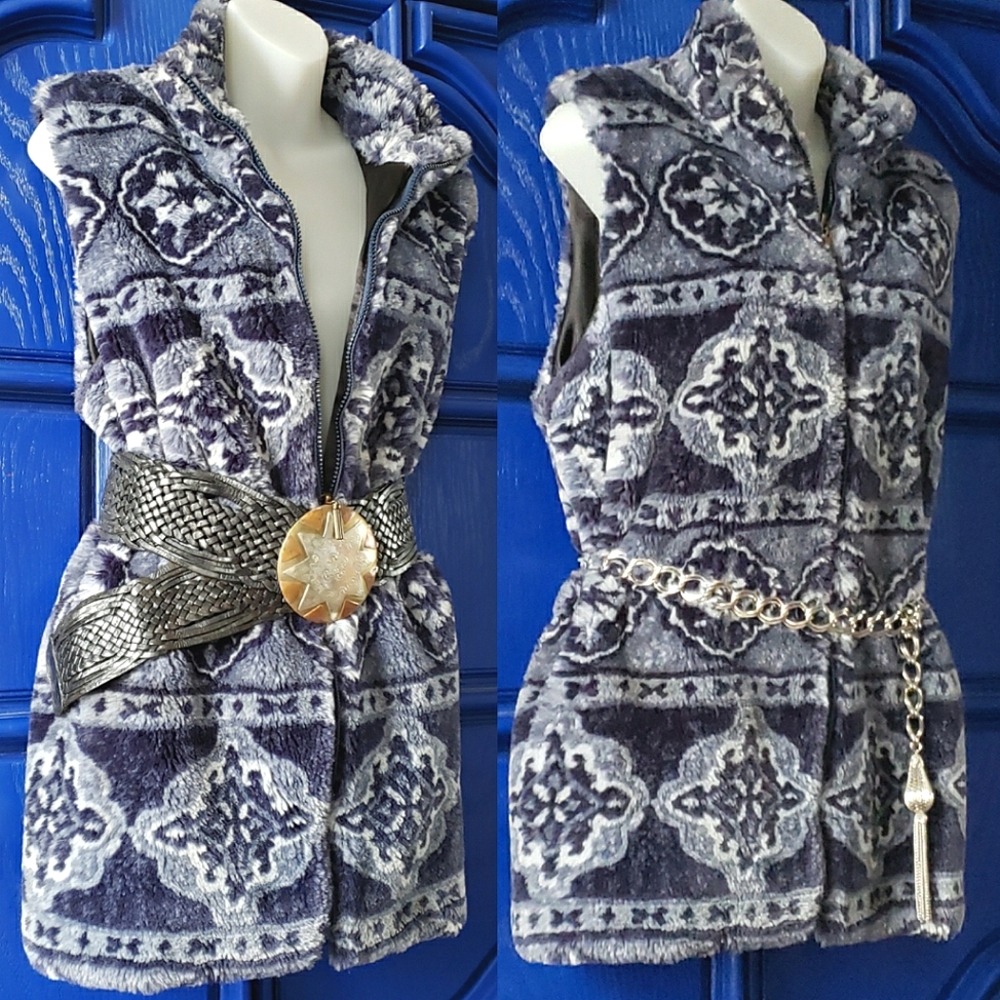 Vintage Navy Blue Bohemian Faux Fur Zip Vest